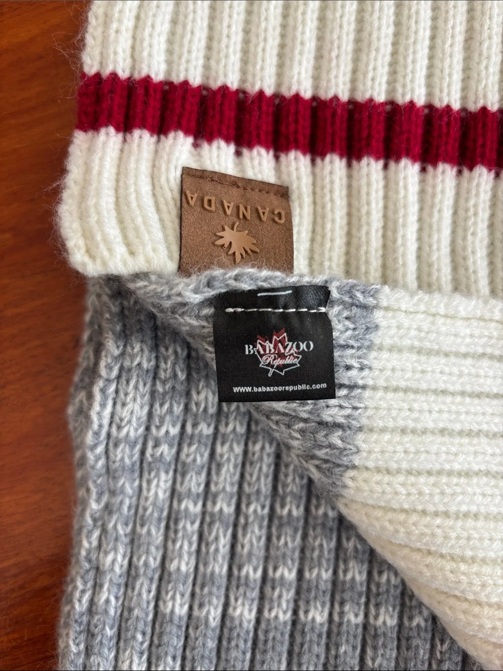 Canada Wool Ribbed Scarf in Gray, Cream & Red Stripe